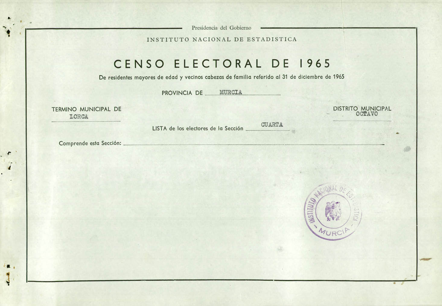 Censo electoral provincial de 1965: listas definitivas de Lorca, Distrito 8º, sección 4ª.
